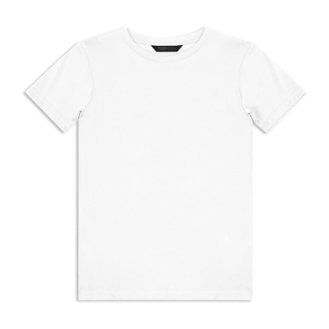 A white youth t-shirt with a plain design and a small logo on the label.