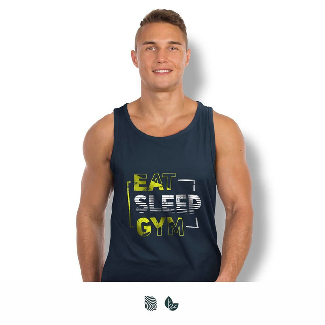 A navy blue men's tank top with a logo, featuring the phrase "Eat Sleep Gym."