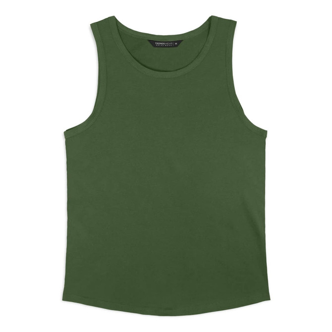A green men's tank top with a basic design and a branding logo at the neckline.