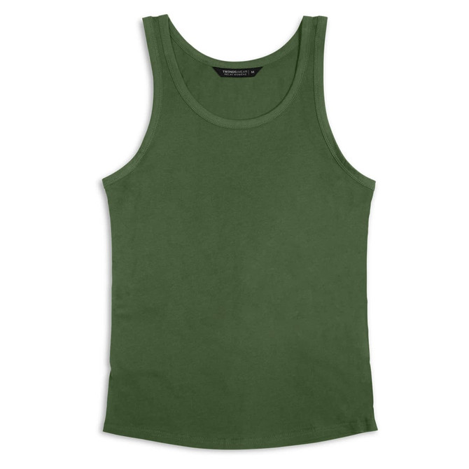 A green women's tank top with a simple design and a branding logo at the neckline.