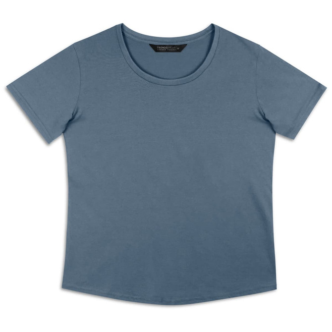 A women's T-shirt in blue, featuring a round neckline and short sleeves. It has a logo on the label.