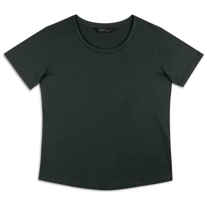 A dark green women's t-shirt with short sleeves and a scoop neckline. It features a logo on the inside label.
