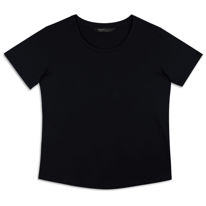 A black women's t-shirt with a round neckline and short sleeves, featuring a logo on the tag.