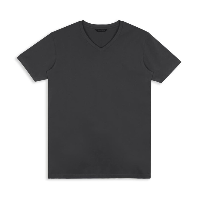 A dark grey men's T-shirt with a V-neck design and a plain fabric. It features a branding logo.