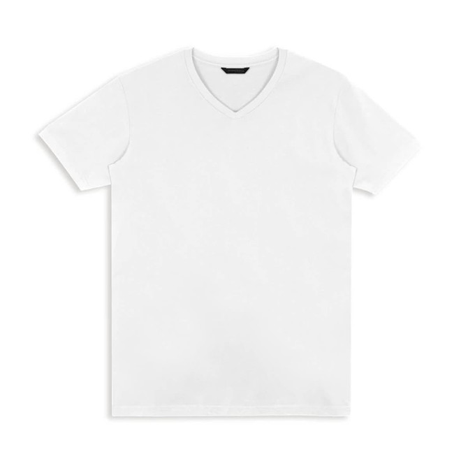 A white men's t-shirt with a v-neck design, featuring a logo on the label.