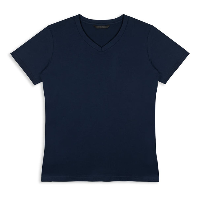 A navy blue women's t-shirt with a v-neck design and short sleeves, featuring a logo.