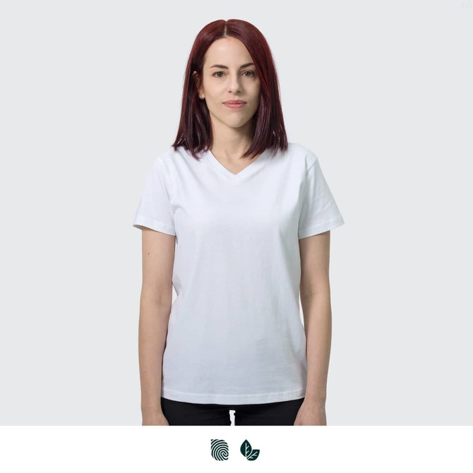 A white women's T-shirt with a V-neck design displayed on a model. The shirt features a branding logo.