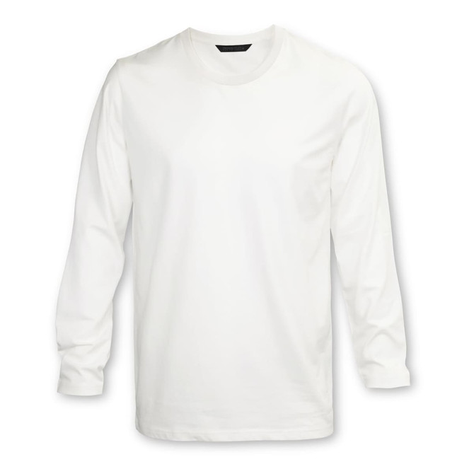 A white long sleeve crew shirt with a simple design and a logo on the front.