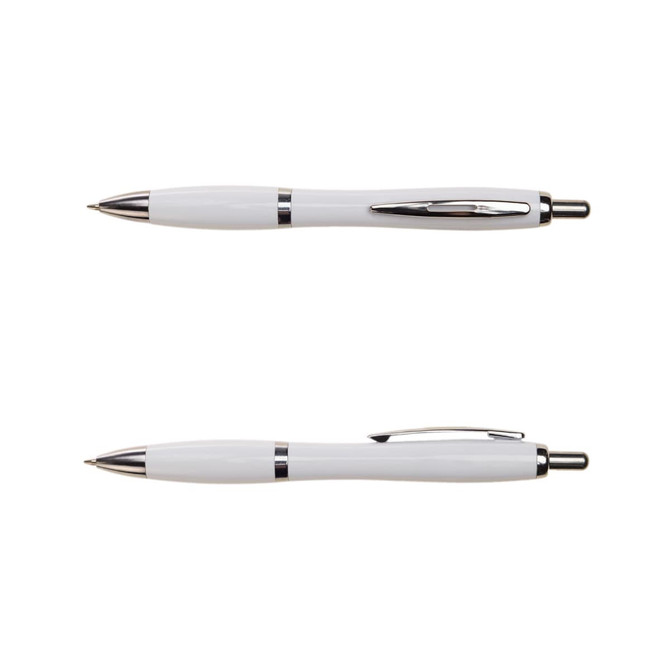 A white plastic pen with silver accents and a clip. The pen features a sleek, modern design and is dual-ended.
