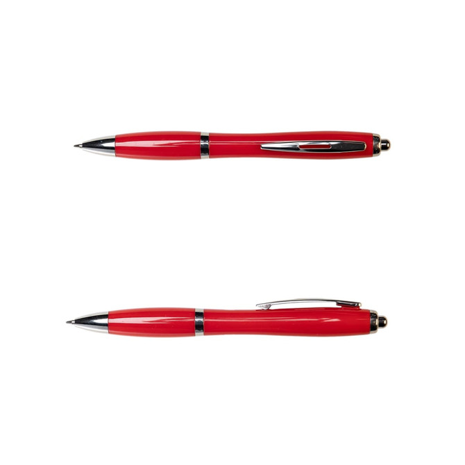 A red plastic pen with a shiny silver clip and accents, featuring a logo on its surface.