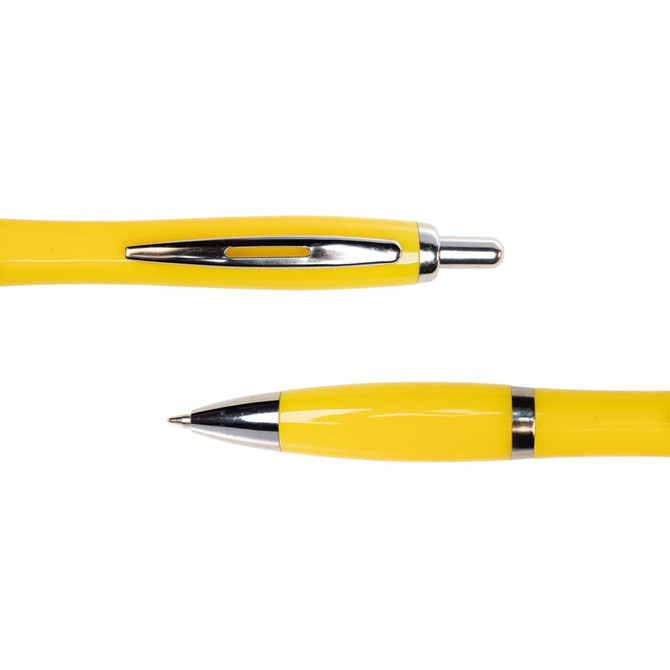 A metal pen with a shiny silver clip and tip, featuring a vibrant yellow barrel. It has a logo on the surface.
