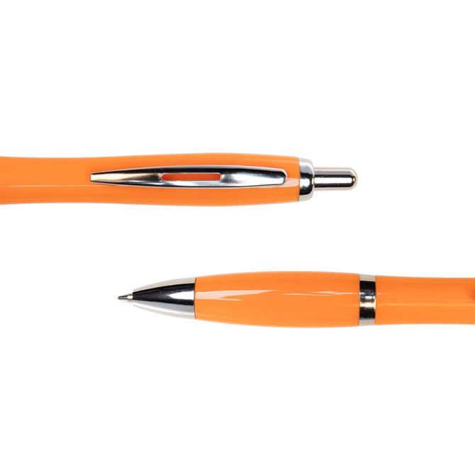 An orange metal pen with a chrome clip and tip, featuring a sleek design. The pen has a logo on its body.