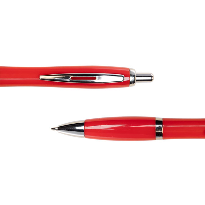 A red metal pen with a shiny silver clip and detailing. It features a ballpoint tip and has a sleek design.
