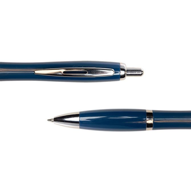 A blue metal pen featuring a shiny silver clip and tip, with a branded logo.