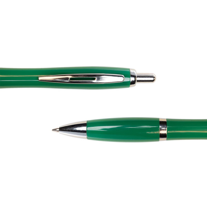 A green metal pen with a shiny clip and a pointed tip. The pen features a sleek design and has a logo.