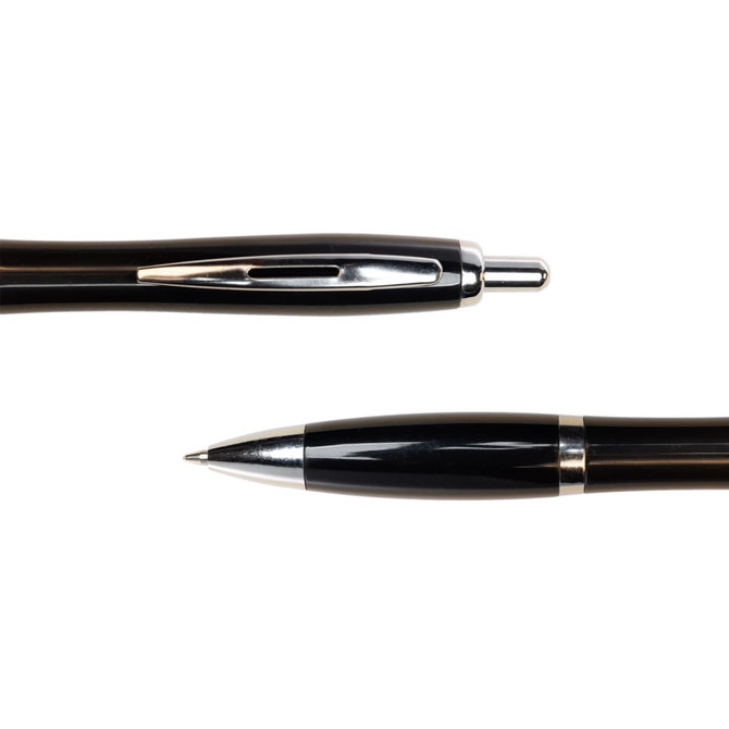 A metal pen in sleek black with a shiny chrome clip and tip, featuring branding.