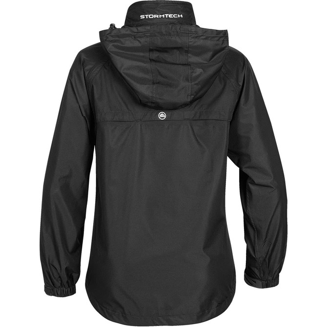 A black women's lightweight rain jacket with a hood and elasticated cuffs, featuring a brand logo.