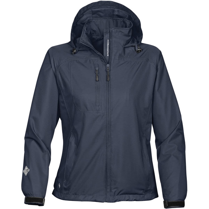 A women's lightweight rain jacket in dark navy, featuring a hood and zippered pockets, with a logo on the sleeve.