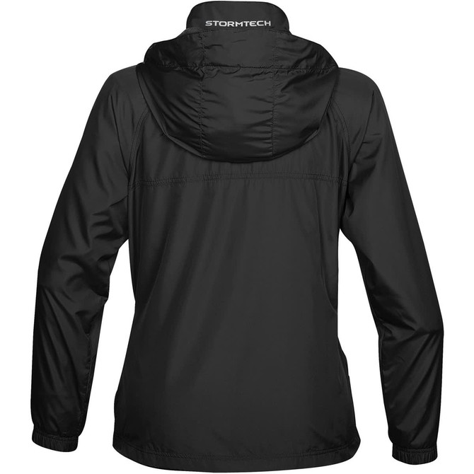 A black rain jacket with a hood, featuring a logo on the back.