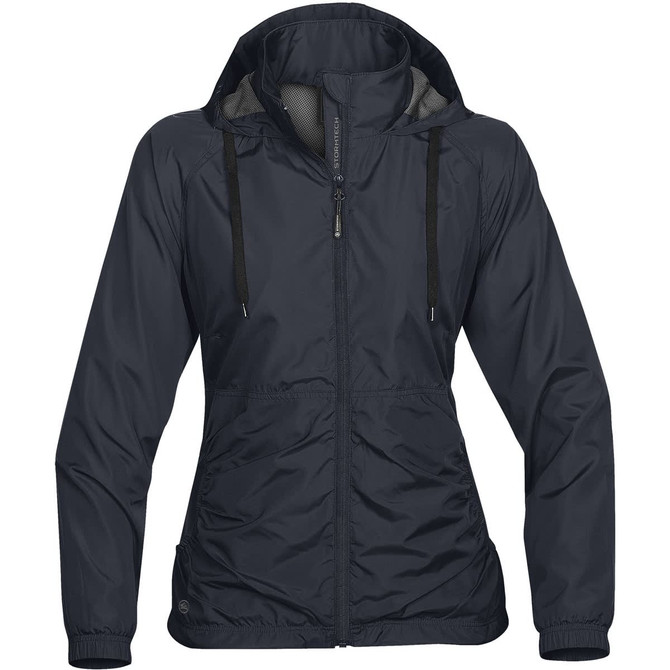 A women's rain jacket in dark grey featuring a hood and front zipper, with an adjustable drawstring.