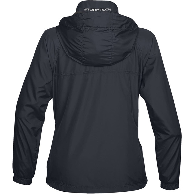 A women's rain jacket in black, featuring a hood and a logo on the back.