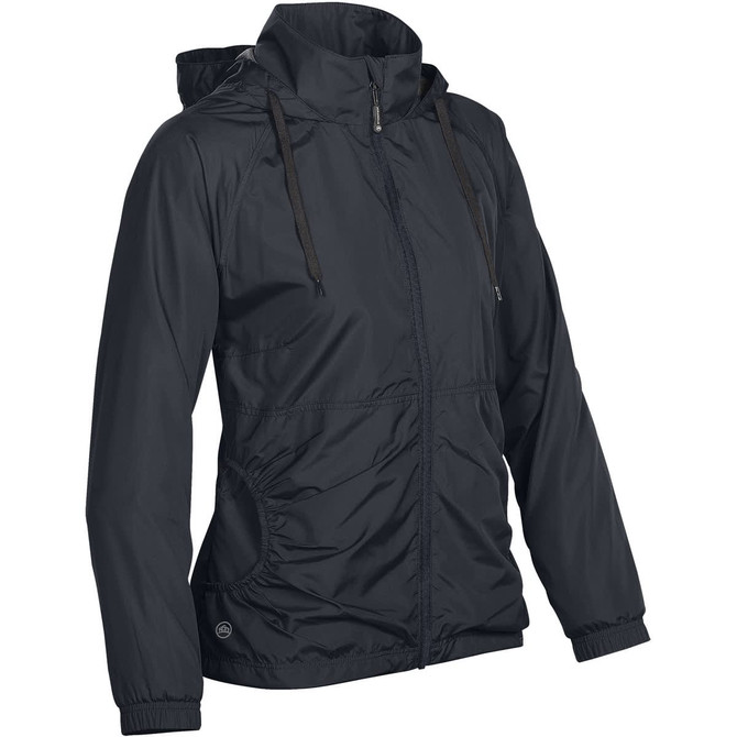 A black women's rain jacket with a hood, featuring an elastic waistband and side pockets. It has a logo on the front.