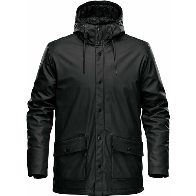 A black insulated rain jacket with a hood, featuring front pockets and a logo.