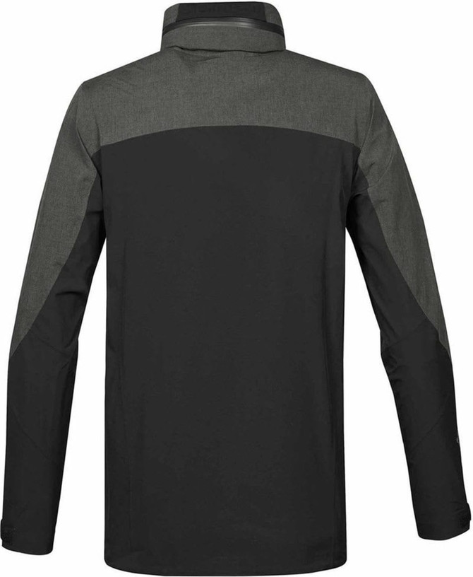 Men's rain jacket in black and dark green, featuring a simple design and a logo on the back.