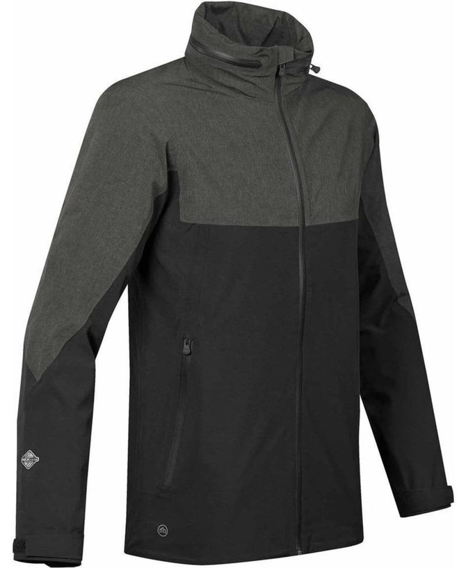 A men's rain jacket in black and grey featuring a zippered front and pockets, with a logo on the sleeve.