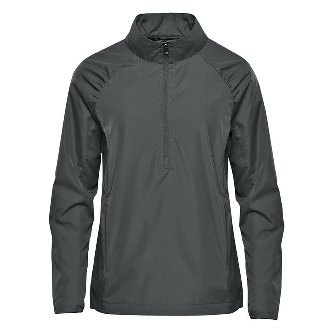 A dark green women's anorak jacket featuring a 1/4 zip and raglan sleeves, with a logo present.