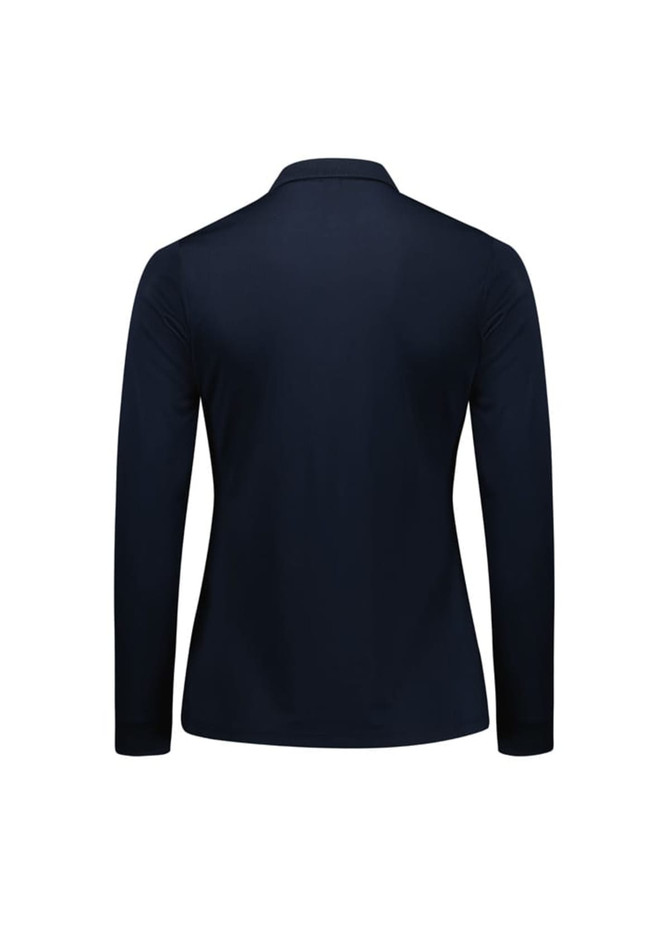 A long sleeve polo shirt in navy blue with a collar and a logo on the back.