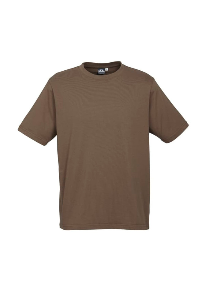 A short sleeve tee in olive green, featuring a simple design and a logo on the label.