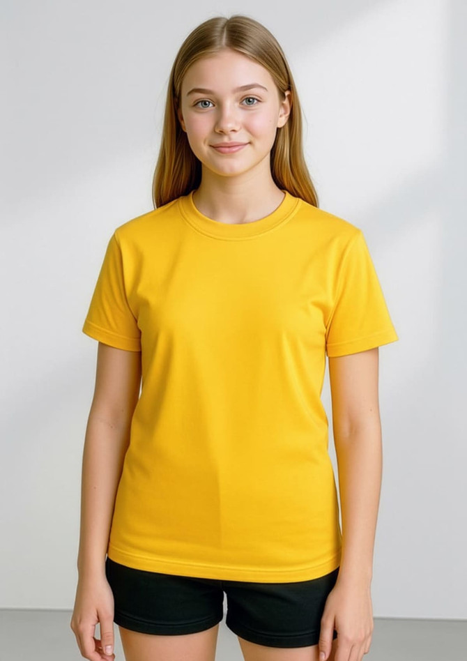 A yellow short sleeve tee for kids, featuring a simple design and a logo on the front.