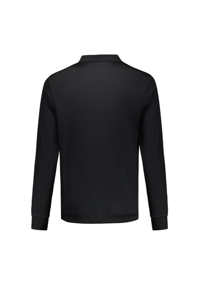 A black long sleeve polo shirt featuring a collar and a logo on the back.