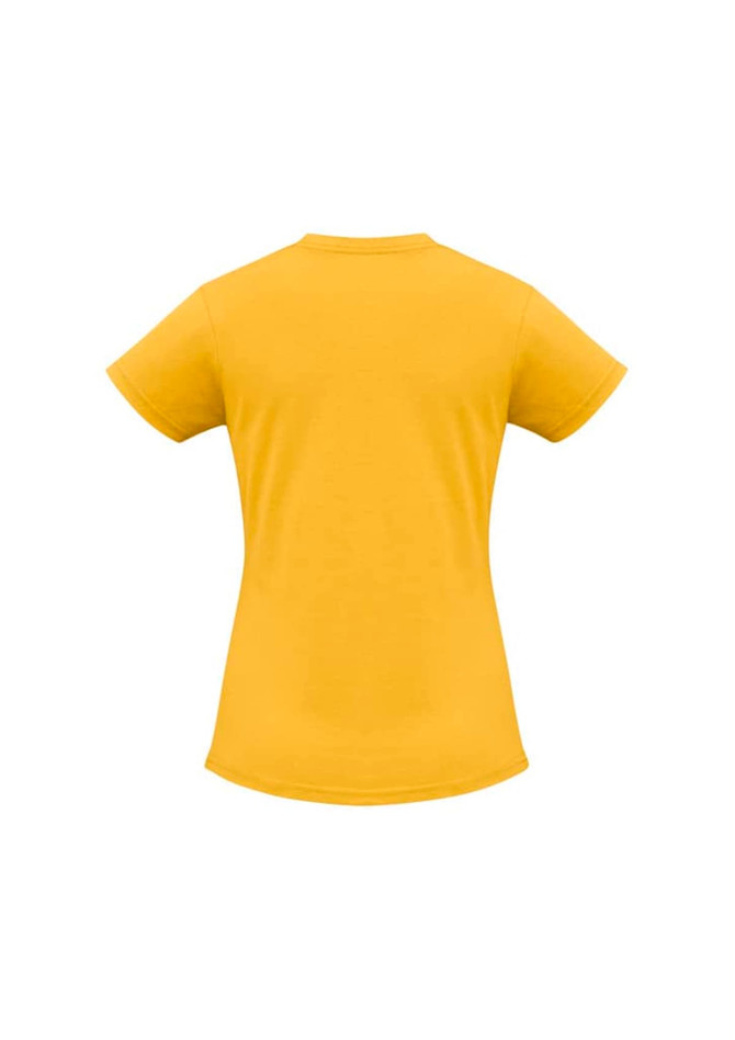 A yellow women's short sleeve tee with a fitted design and a plain back. It features a logo on the fabric.