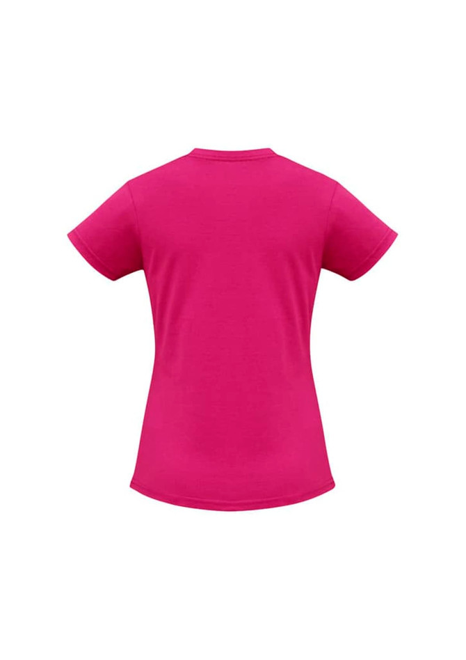 A short sleeve tee in bright pink, featuring a back view and a simple design with a logo.