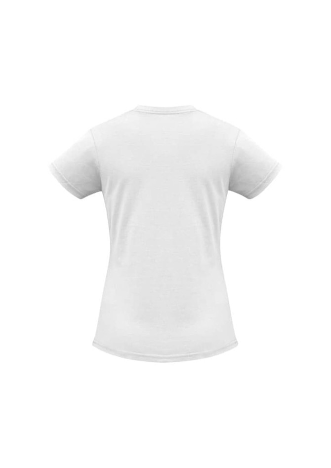A white women's short sleeve tee with a fitted design and a logo on the back.