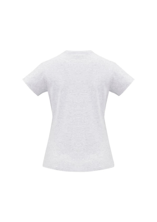 A grey women's short sleeve tee featuring a fitted design and a logo at the back.