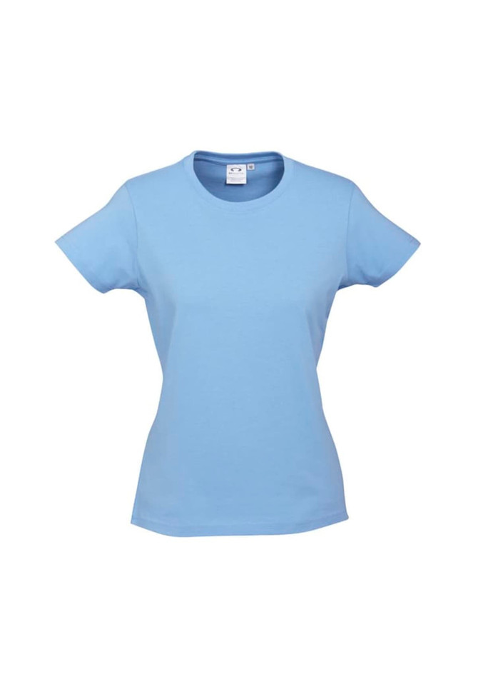 A light blue women's short sleeve tee with a fitted design and a logo on the label.