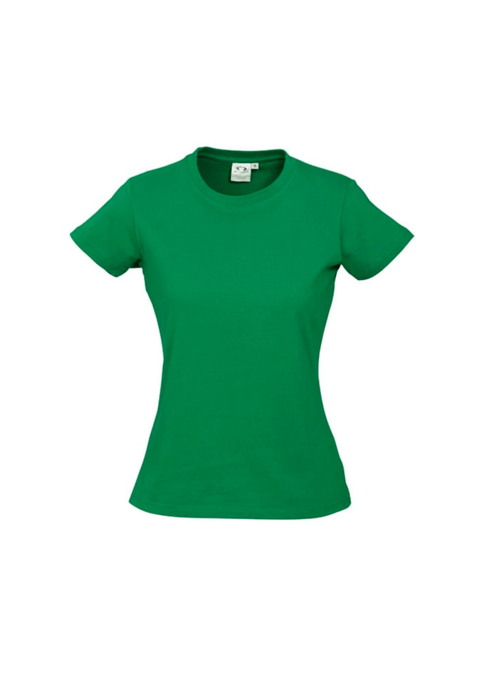 A green women's short sleeve tee featuring a fitted design and a visible brand label.