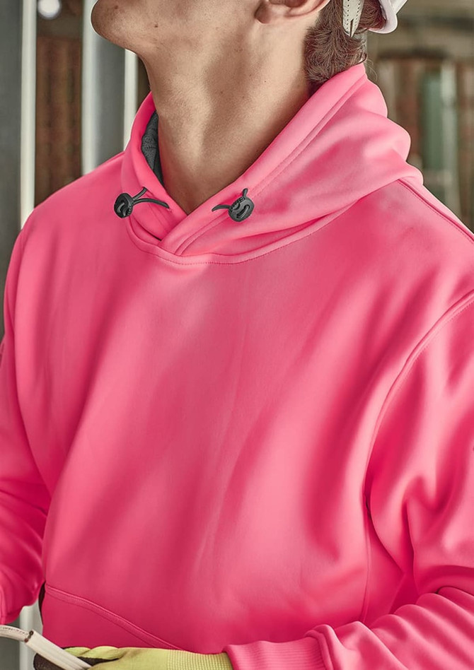 A bright pink unisex water-resistant hoodie with a drawstring hood, featuring a logo on the chest.