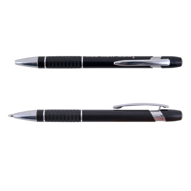 A black metal pen with silver accents and textured grip, featuring a logo.