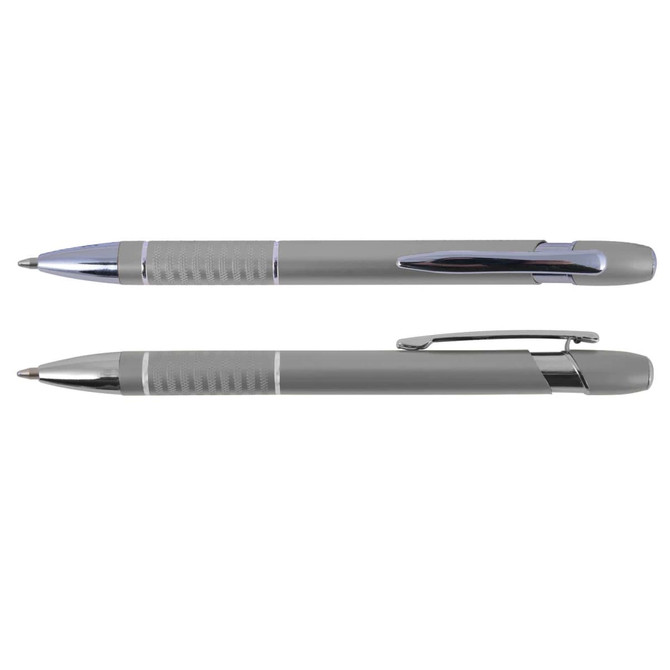 A metal pen set in silver and chrome, featuring a textured grip and a clip. Includes two styles of pens.