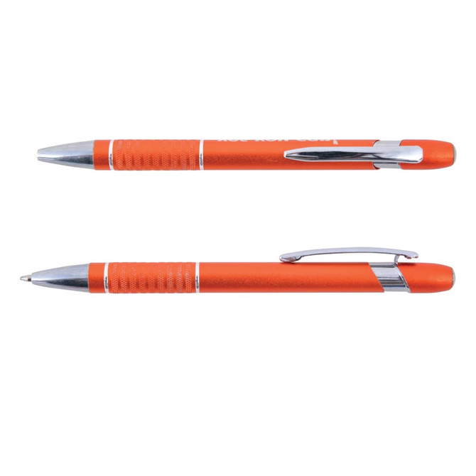 An orange aluminium pen with a textured grip and chrome accents. It features a clip and a logo.