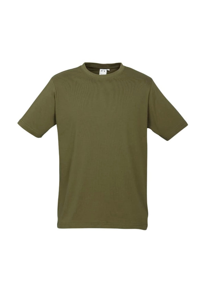 A short sleeve tee in olive green, featuring a round neckline and a simple design with a logo.