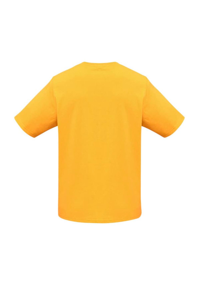 A yellow short sleeve tee with a relaxed fit and no visible design on the back. It features a logo on one side.