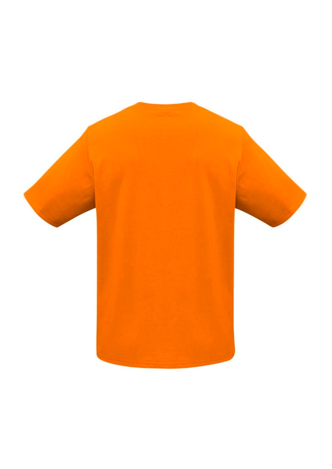 An orange men's short sleeve tee with a simple design and a logo on the back.