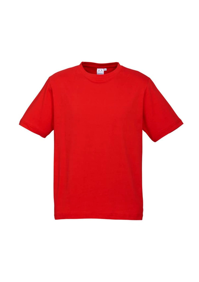 A red short sleeve tee in a casual style, featuring a logo on the label.