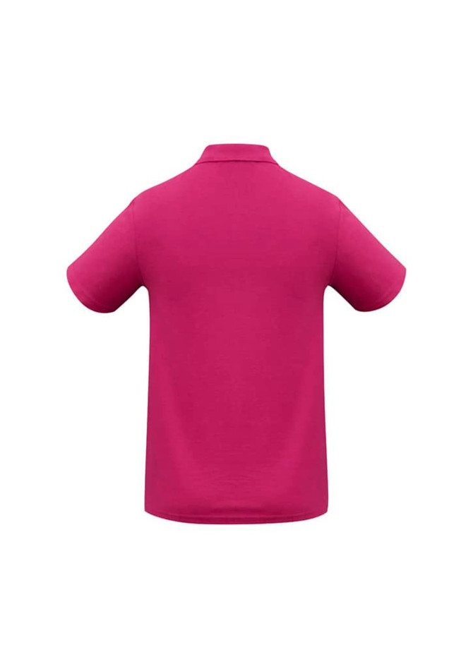 A magenta men's polo shirt with a collar and short sleeves, featuring a logo on the side.