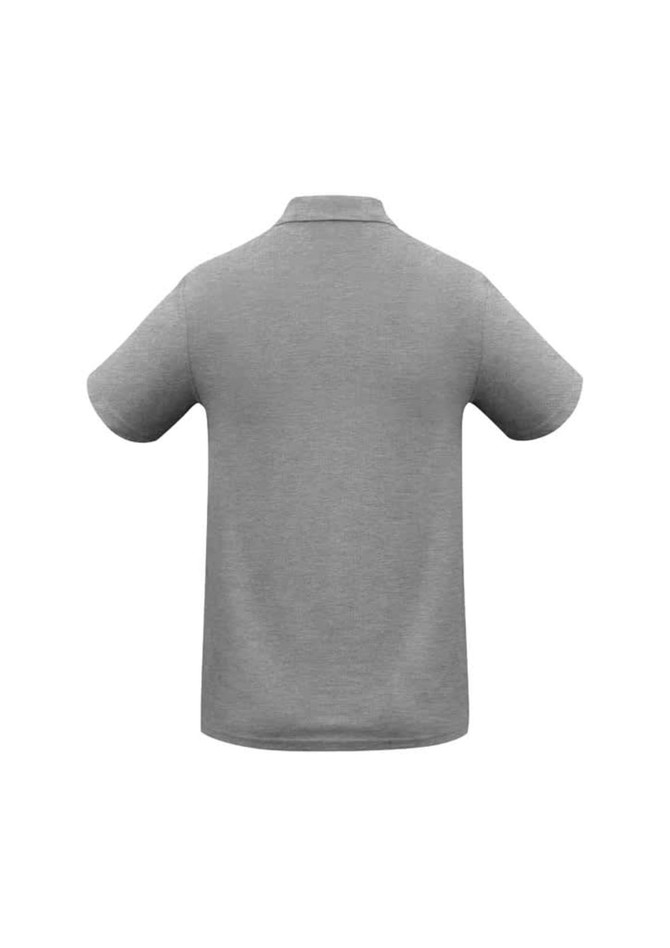 A grey men's polo shirt with short sleeves and a collar, featuring a logo on the back.